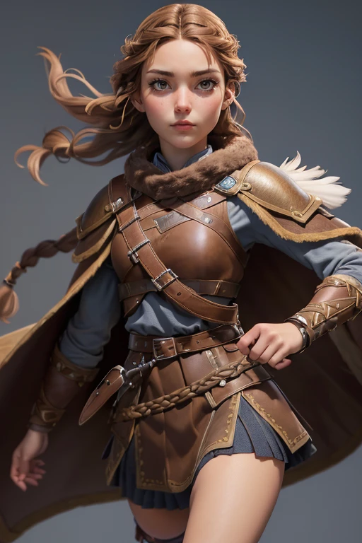 ( masterpiece ,  The best quality ) (young warrior woman of nordic descent), (Brown eyeuscular), (fur skirt), (short skirt) (Brown hair color),(loose hair with small braids on the scalp), (leather strap top) feathers, cape over the shoulder, bufas, (blue, gray and brown suit). Run position.