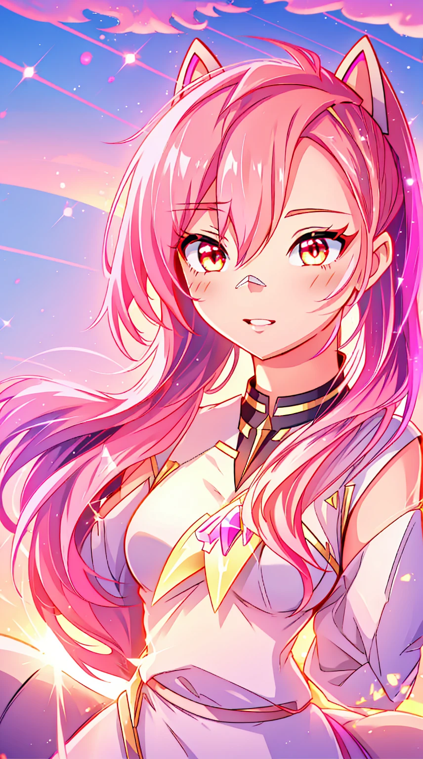  golden and red eyes1 girl , long pink hair, she wears , very long hair, bright pink hair ,glowing eyes、( highest quality 、very detailed、cute、 ultra high resolution ) 