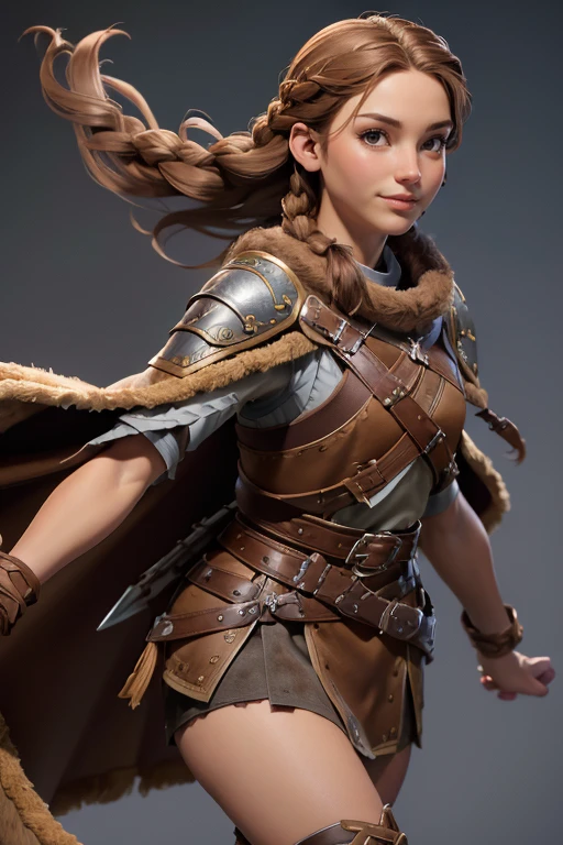 ( masterpiece ,  The best quality ) (young warrior woman of nordic descent), (Brown eyeuscular), (fur skirt), (short skirt) (Brown hair color),(loose hair with small braids on the scalp), (leather strap top) feathers, cape over the shoulder, bufas, (blue, gray and brown suit). Run position. Smile.