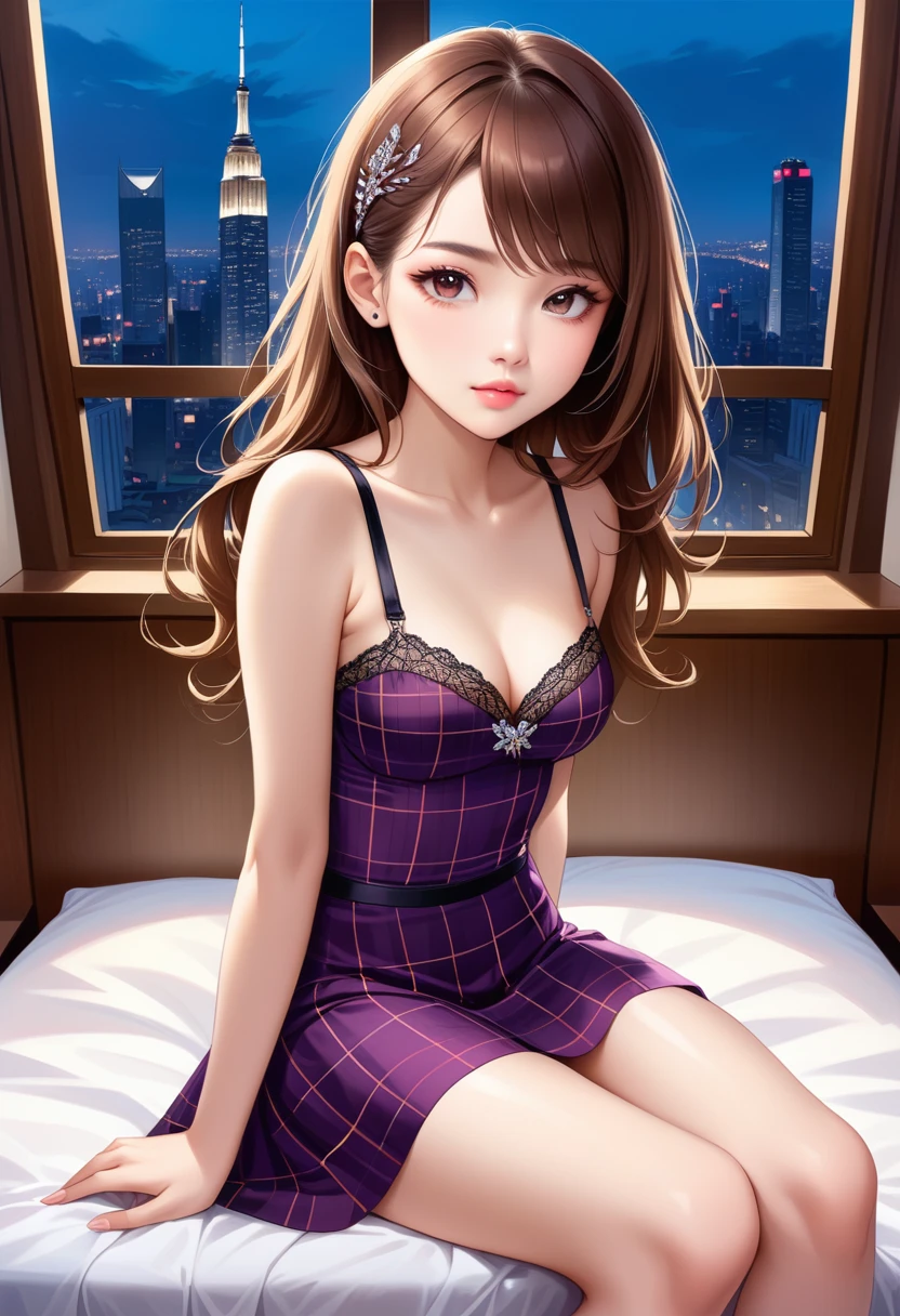 (Ultra-Detailed, Top Quality, High Resolution, Sharp Focus:1.4), (Craftsmanship Hyper-Realistic Photography:1.4), A beautiful 20 year old tiptop supermodel woman in an off-shoulder t-shirt, bra straps, plaid flared skirt is sitting on the bed in the hotel room at night, a horny atmosphere, looking at the viewer. She has medium brown hair and a hair clip, smooth pale skin, dark eyes, narrow nose, open mouth, rosy cheeks, shiny lips, small breasts. Her face, body and even the texture of her hair are rendered in extreme detail. Background window with cityscape at night, (intricate background:1.1). Side view.