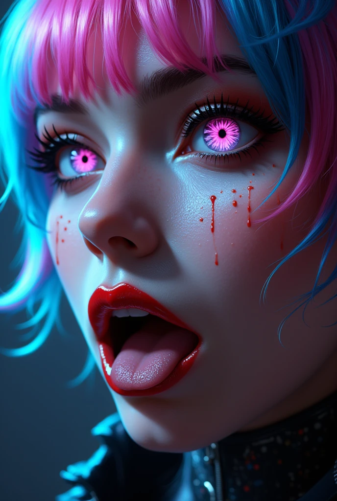 Close-up:
 A beautiful young Korean woman .
 spiked hair, pink and blue, bangs covering the eye.
Striped honey-colored eyes , expressive, deep,  Cintilante, obfuscating, bioluminescentes. 
 Blurry Makeup.
 Porcelain-white skin .
 Full and bulky mouth with bright red lipstick .
 Scary pointy teeth .
 She has an open mouth showing her tongue and teeth.