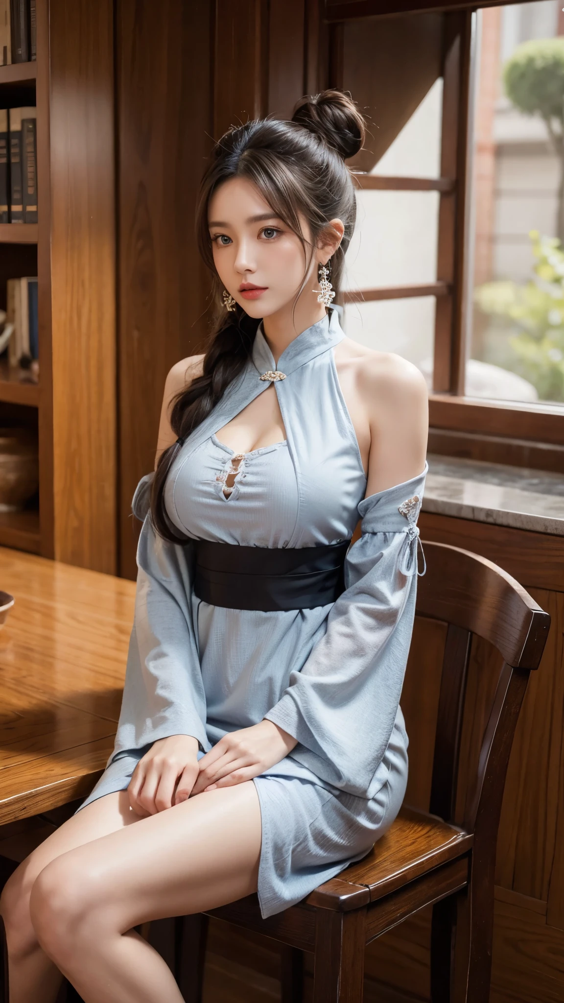 BREAK
cowboy shot,
1girl, solo, long hair, breasts, looking at viewer, blue eyes, large breasts, long sleeves, hair ornament, dress, closed mouth, jewelry, bare shoulders, sitting, twintails, grey hair, flower, thighs, earrings, detached sleeves, indoors, wide sleeves, hair bun, sash, feet out of frame, bare legs, double bun, sideboob, chinese clothes, chair, tassel, china dress,