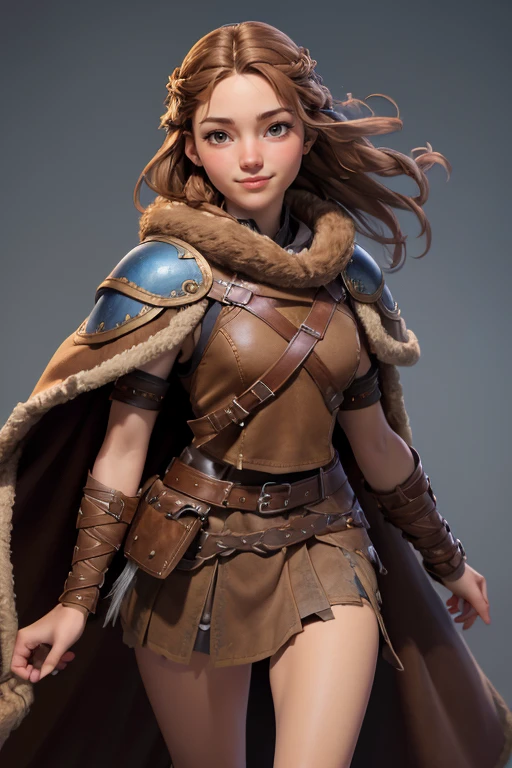 ( masterpiece ,  The best quality ) (young warrior woman of nordic descent), (Brown eyeuscular), (fur skirt), (short skirt) (Brown hair color),(loose hair with small braids on the scalp), (leather strap top) feathers, cape over the shoulder, bufas, (blue, gray and brown suit). Run position. Smile.