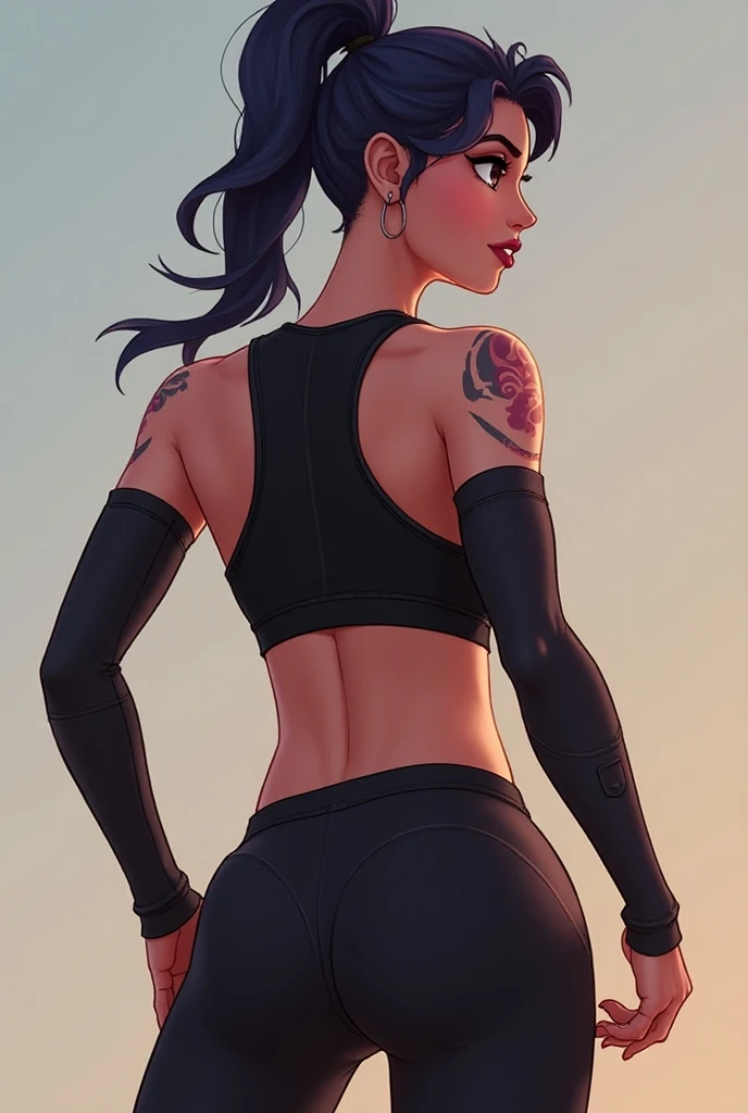 1 girl, beaulty, realistic skin, medium perfect breasts, sweet,nose ring piercing, shoulder height straight black hair, wearing invisible crop top with short shorts, pierced, look camera, wide hips, very wide hips, legging pants, sweat body.(verism style),(puffy lips),voluptuous, cinematic, cinematic light, soft light, backlit, micro-details, photorealism, photorealistic, back view