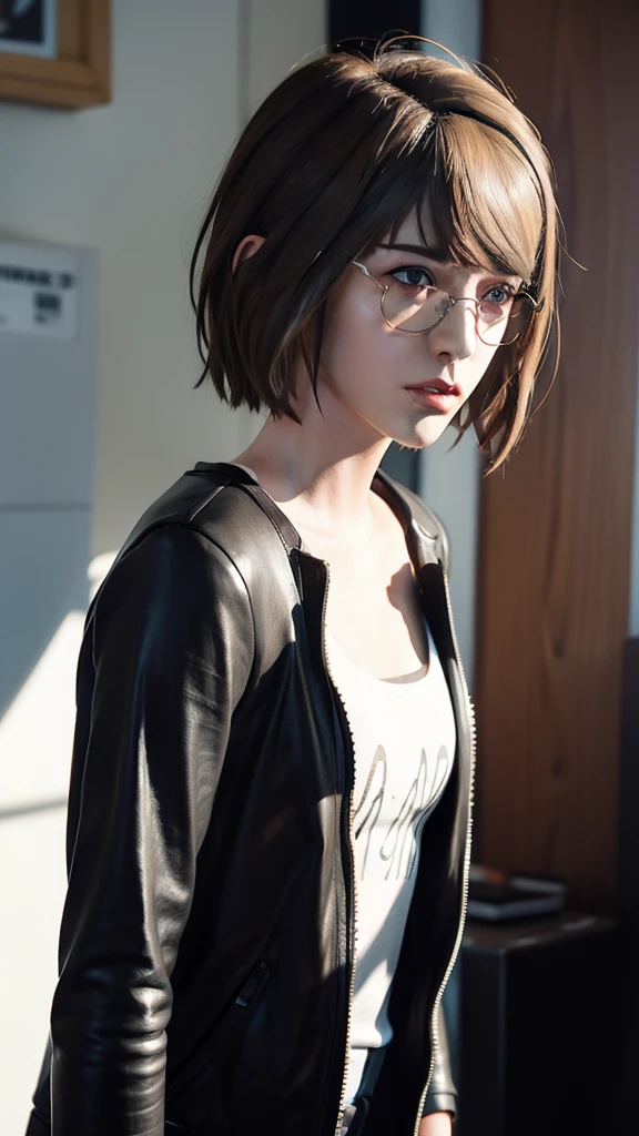 Maxine Caulfield from Life Is Strange, wearing shades eyewear, holding polaroid camera, designer clothes, dark lipstick, dark eyeline makeup, slender arms, detailed body, darkroom, alone.