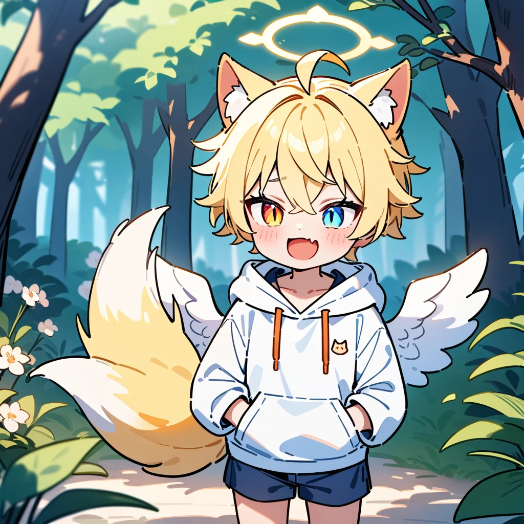 （masterpiece：1.2，high quality），8k，High resolution，A seven-year-old boy，cute boy， blonde hair，short hair，crossed bangs， heterochromia，slit pupils， ahoge，cat ears，halo on the head，（halo），laughing，skin fang，There are white angel wings behind，Wearing a white hoodie，Dark blue shorts，Standing outdoors，Flowering tree branches，In the forest.，primary school student，thigh，fox tail，alone，((Put your hands in your pockets))