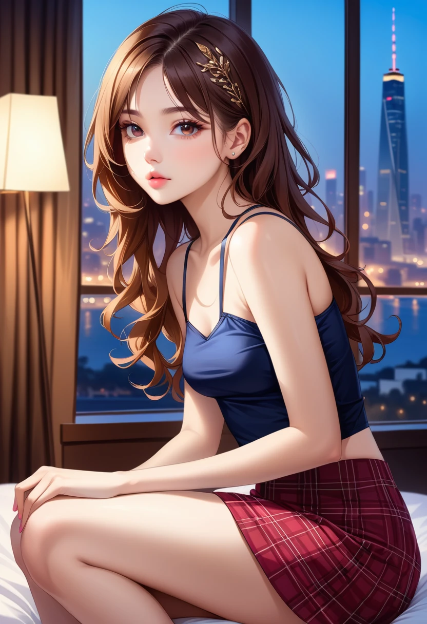 (Ultra-Detailed, Top Quality, High Resolution, Sharp Focus:1.4), (Craftsmanship Hyper-Realistic Photography:1.4), A beautiful 20 year old tiptop supermodel woman in an off-shoulder t-shirt, bra straps, plaid flared skirt is sitting on the bed in the hotel room at night, a horny atmosphere, looking at the viewer. She has medium brown hair and a hair clip, smooth pale skin, dark eyes, narrow nose, open mouth, rosy cheeks, shiny lips, small breasts. Her face, body and even the texture of her hair are rendered in extreme detail. Background window with cityscape at night, (intricate background:1.1). Side view.