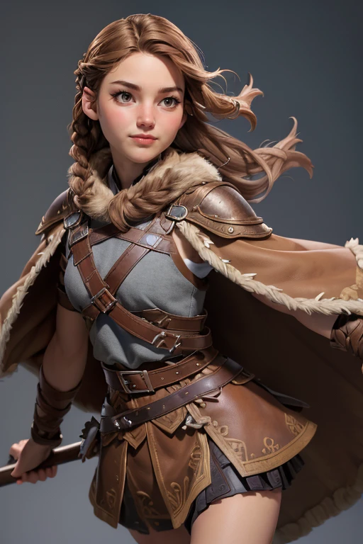 ( masterpiece ,  The best quality ) (young warrior woman of nordic descent), (Brown eyeuscular), (fur skirt), (short skirt) (Brown hair color),(loose hair with small braids on the scalp), (leather strap top) feathers, cape over the shoulder, bufas, (blue, gray and brown suit). Run position. Smile.