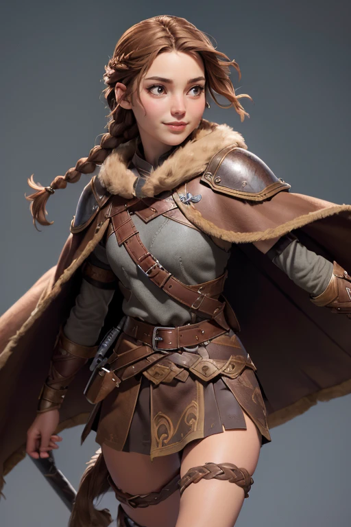 ( masterpiece ,  The best quality ) (young warrior woman of nordic descent), (Brown eyeuscular), (fur skirt), (short skirt) (Brown hair color),(loose hair with small braids on the scalp), (leather strap top) feathers, cape over the shoulder, bufas, (blue, gray and brown suit). Run position. Smile.