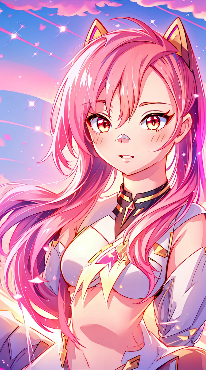  golden and red eyes1 girl , long pink hair, she wears , very long hair, bright pink hair ,glowing eyes、( highest quality 、very detailed、cute、 ultra high resolution ) 