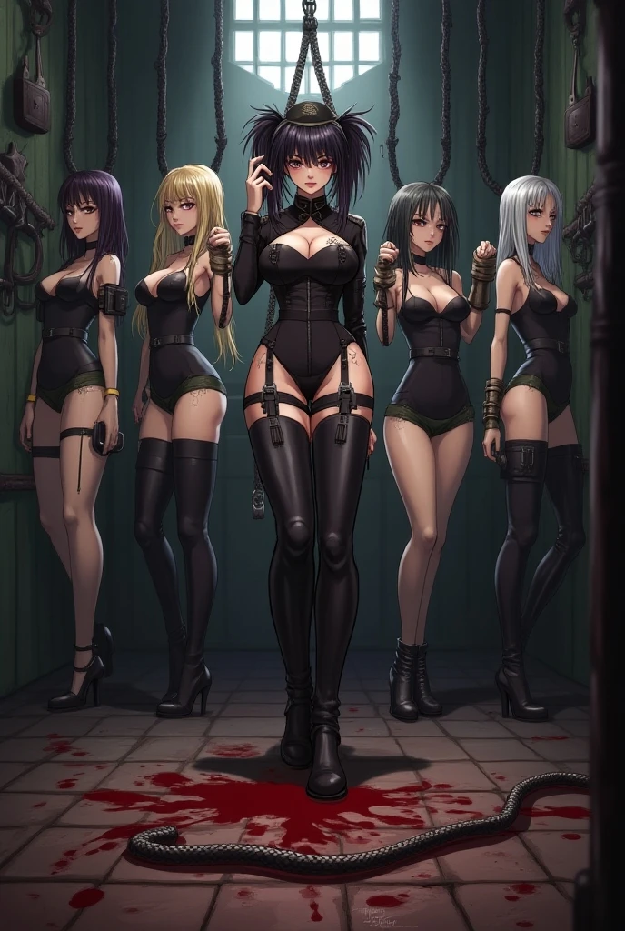 Messy short hair with a transition from dark brown to light blond, black eyes, black short dress, dagger, scorpion tail to match hair color, stockings, black boots, girl