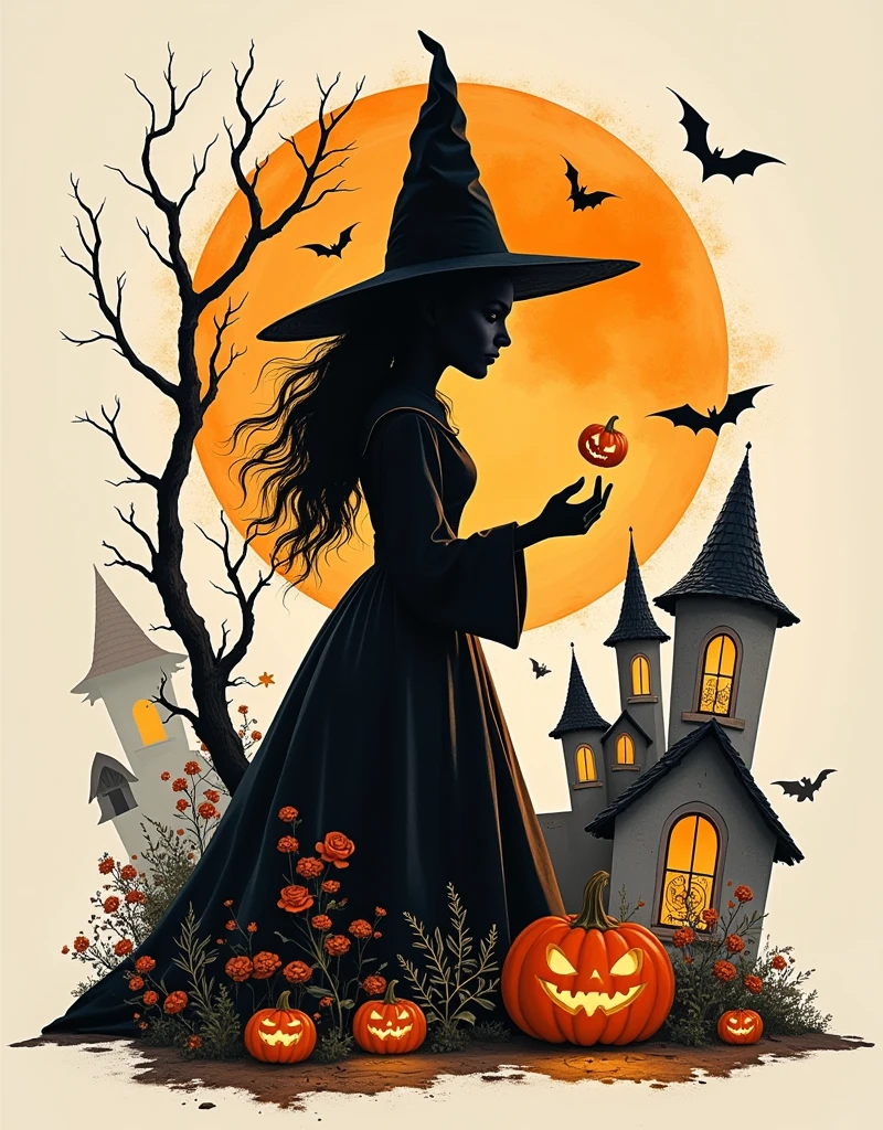 Western-style ，水彩Blooming， cute witch avatar silhouette with Halloween Western-style architecture and pumpkin lanterns，candy，ghost， mummy and other elements blend in ，Double Exposure，Reflection、Themes of inner peace and the interconnectedness of people and nature，Dopamine Hue，Ink Painting，Blooming，Minimalism