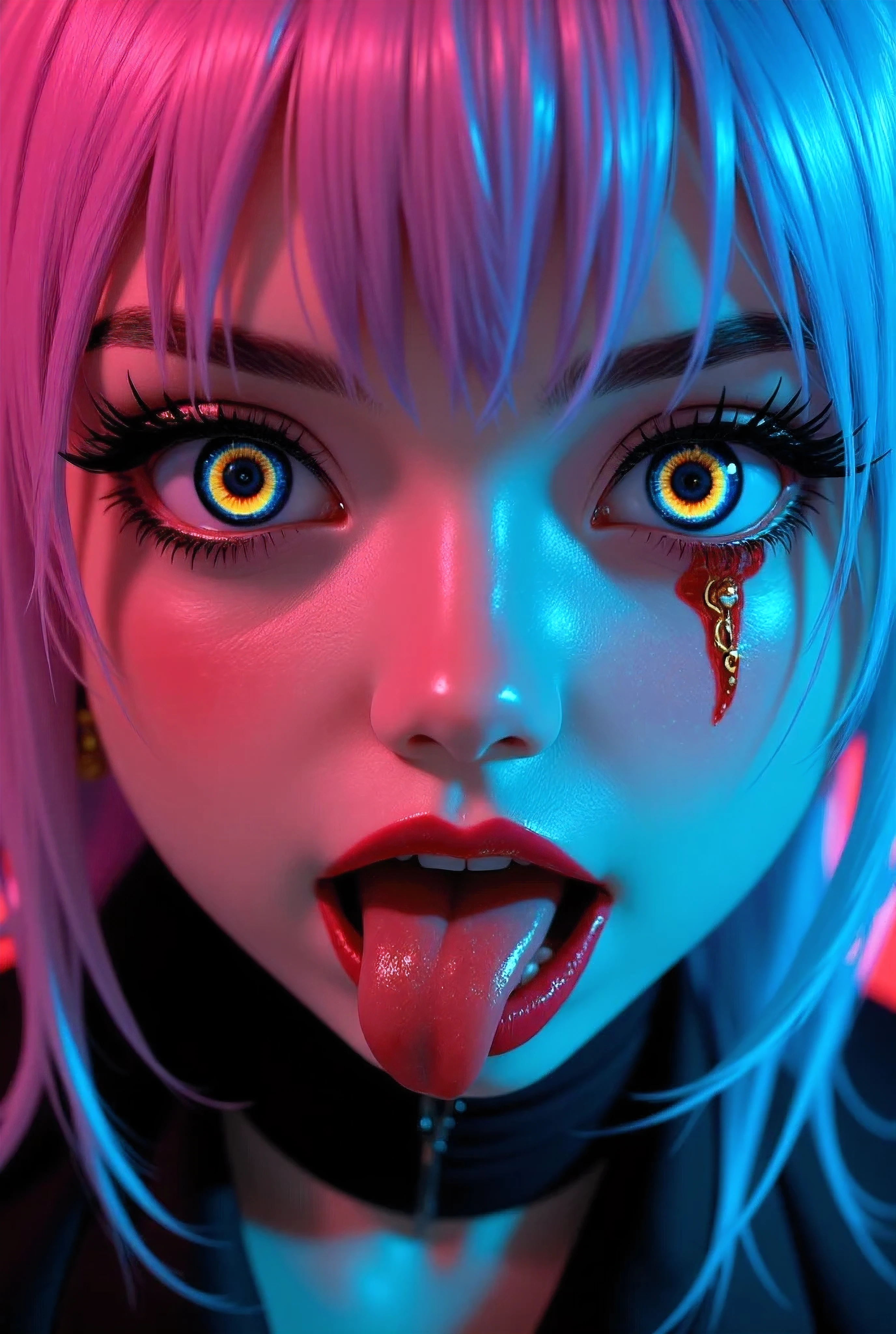 Close-up:
 A beautiful young Korean woman .
 spiked hair, pink and blue, bangs covering the eye.
Striped honey-colored eyes , expressive, deep,  Cintilante, obfuscating, bioluminescentes. 
 Blurry Makeup.
 Porcelain-white skin .
 Full and bulky mouth with bright red lipstick .
 Scary pointy teeth .
 She has an open mouth showing her tongue and teeth.