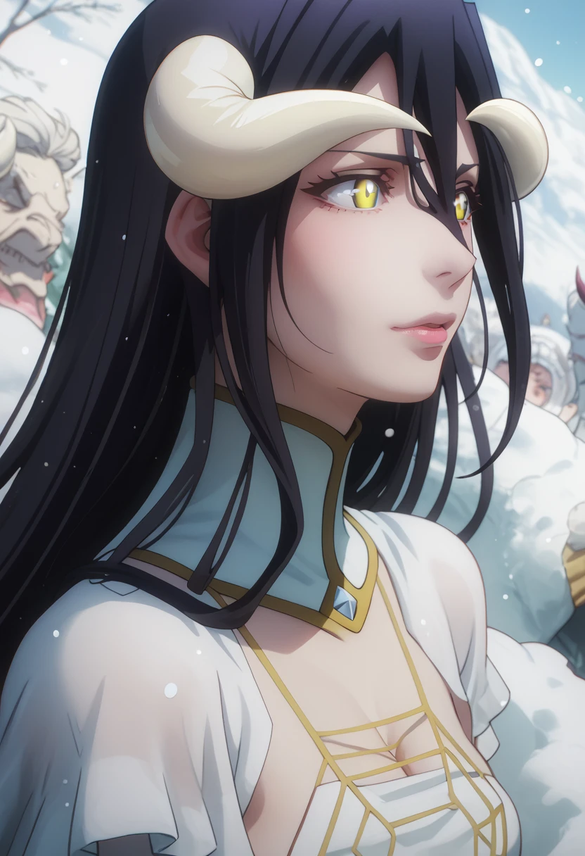 1 girl,albedo,  long hair,  black hair, Horns, demon girl, Horns de demonio, albedo,  hair between the eyes ,  yellow-eyed ,  Cleft pupils,  anime coloring , in blue leggings , in a beautiful snowy landscape..