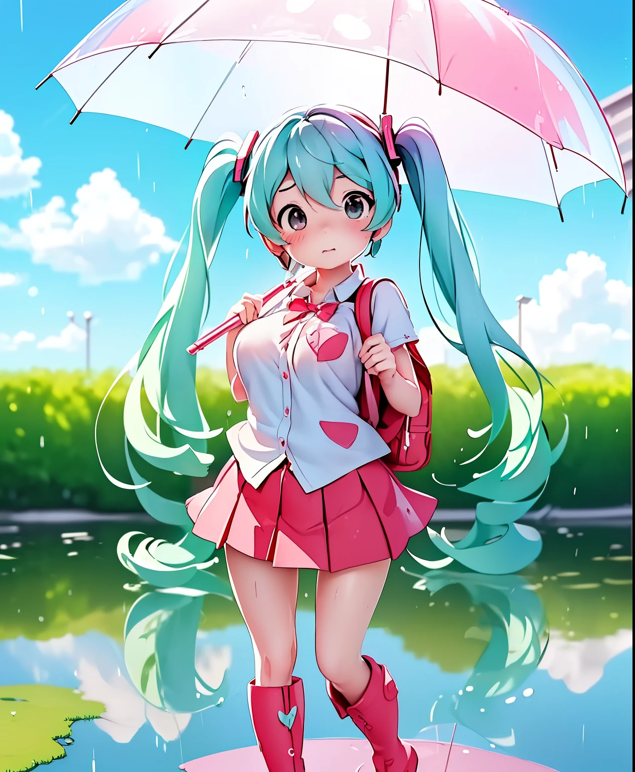 (masterpiece、Best Quality、Best Quality、Official Art、Beautiful and beautiful:1.2)、(One person:1.3) Hatsune Miku、 twin tails,Beautiful breasts,、Use an umbrella、 after rain、 look up at the sky、Red boots 、 red skirt 、Short-sleeved shirt、 carry the backpack、 figure reflected in a puddle 、 delicate illustration 、 pastel color、 anime illustration
