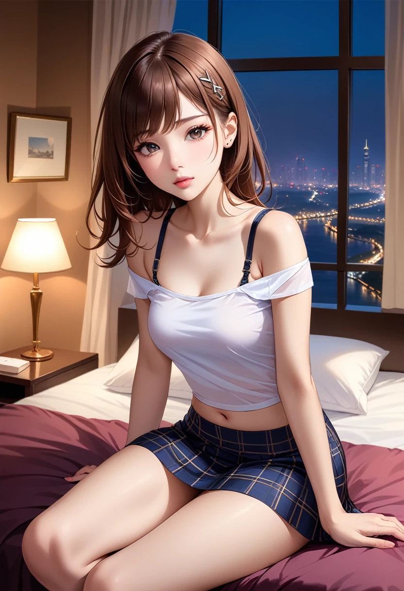 (Ultra-Detailed, Top Quality, High Resolution, Sharp Focus:1.4), (Craftsmanship Hyper-Realistic Photography:1.4), A beautiful 20 year old tiptop woman in an off-shoulder t-shirt, bra straps, plaid flared skirt is sitting on the bed in the hotel room at night, a horny atmosphere, looking at the viewer. She has medium brown hair and a hair clip, smooth pale skin, dark eyes, narrow nose, open mouth, rosy cheeks, shiny lips, small breasts. Her face, body and even the texture of her hair are rendered in extreme detail. Background window with cityscape at night, (intricate background:1.1). Side view.