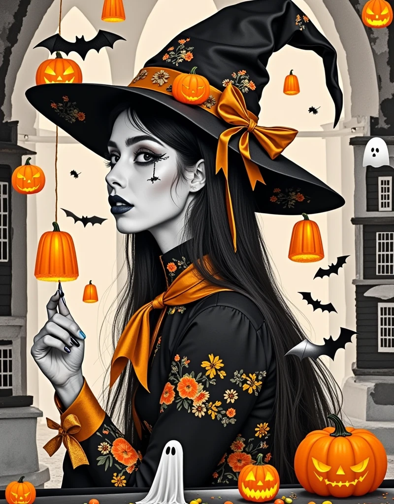 Western-style ，水彩Blooming， cute witch avatar silhouette with Halloween Western-style architecture and pumpkin lanterns，candy，ghost， mummy and other elements blend in ，Double Exposure，Reflection、Themes of inner peace and the interconnectedness of people and nature，Dopamine Hue，Ink Painting，Blooming，Minimalism