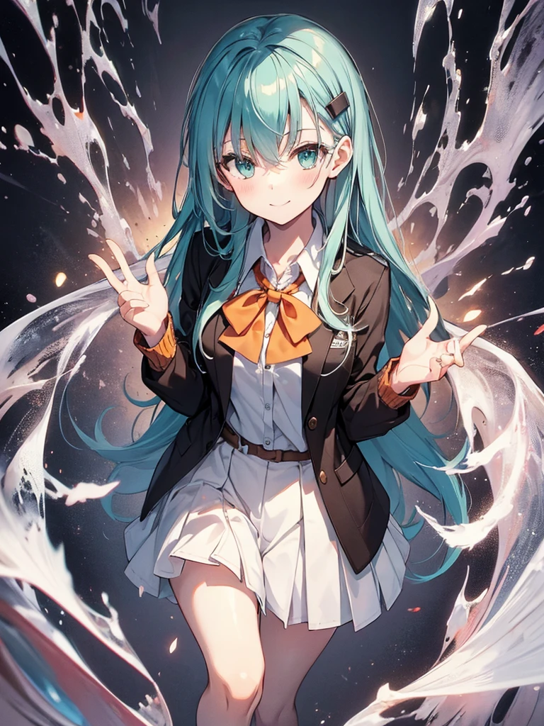 ((masterpiece)),(best quality),official art,extremely detailed CG,unity 8k wallpaper,ultra detailed,simple white background,non background,cute girl, 1girl,solo,{{{upper body}}},(portrait:1.2),long_hair,hairclip,hair_ornament,school_uniform,cardigan,aqua_hair,aqua_eyes,brown_jacket,looking_at_viewer,orange bowtie,smile,ascot,