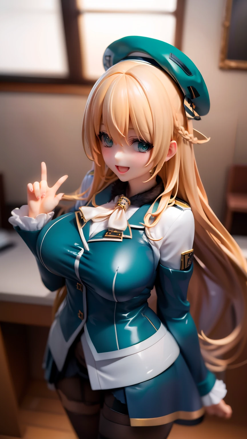 , Looking at Viewer,
blonde hair, very long hair,large breasts, Smile, Open mouth, bsmile,wide hips,long hair,indoor,uniform,AtagoKC, (Atago) uniform,blue beret,black pantyhose,military uniform,blue jacket,ascft,black grove,blue skirt,