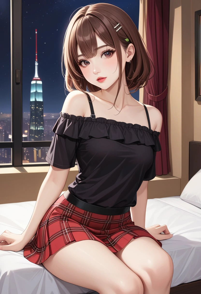 (Ultra-Detailed, Top Quality, High Resolution, Sharp Focus:1.4), (Craftsmanship Hyper-Realistic Photography:1.4), A beautiful 20 year old tiptop woman in an off-shoulder t-shirt, bra straps, plaid flared skirt is sitting on the bed in the hotel room at night, a horny atmosphere, looking at the viewer. She has medium brown hair and a hair clip, smooth pale skin, dark eyes, narrow nose, open mouth, rosy cheeks, shiny lips, small breasts. Her face, body and even the texture of her hair are rendered in extreme detail. Background window with cityscape at night, (intricate background:1.1). Side view.