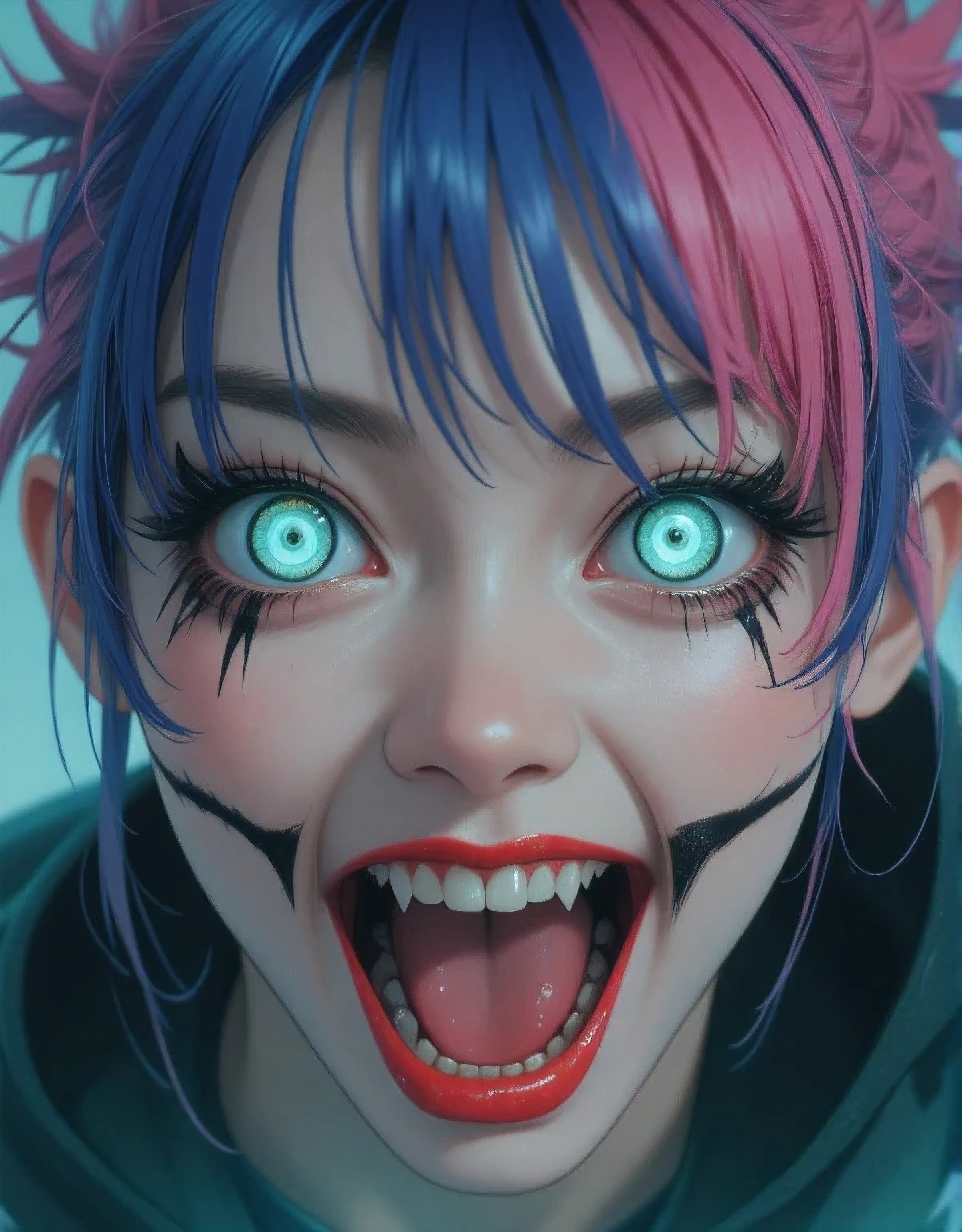 Close-up:
A beautiful young Korean woman .
spiked hair, pink and blue, bangs covering the eye.
Striped honey-colored eyes , expressive, deep, Cintilante, obfuscating, bioluminescentes.
Blurry Makeup.
Porcelain-white skin .
Full and bulky mouth with bright red lipstick .
Scary pointy teeth .
She has an open mouth showing her tongue and teeth.