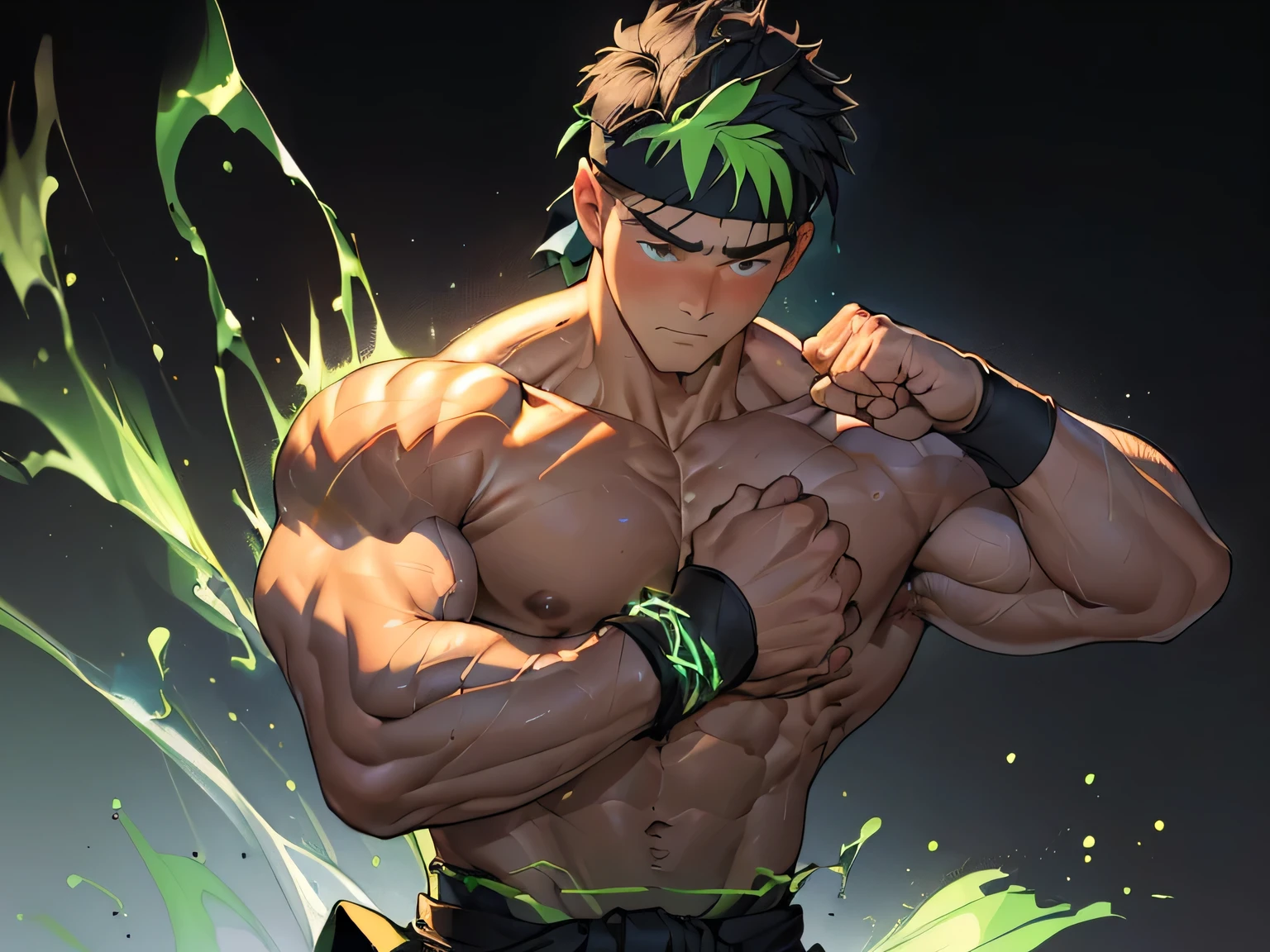 ((masterpiece, best quality, stalwart, (Depth of field:1.2))), (((((black background, deep night, looking away))))), (worm green eyes, Young boy, muscler, Shirtless, topless), ((((1boy, solo, flesh, tough, reliable, developed body)))), (Dark Short straight hair, green eyes, ((almost completely shaved hair)), under cut), (((red headband, black wristband))), Vivid colors, ((big breast, big abs, big shoulder, muscular body, sturdy body, defined round and fleshy pecs, defined round and fleshy ABS, defined round and fleshy armsmuscular, well-defined muscles, toned body, shouldermuscler)), muscler!, muscler body, detailed face, detailed muscle, (((rippling muscles, Flowing energy, wearing wind to emphasize the power of his aura. Highlight his aura, blue and green aura effect, wearing energy stream, holding aura energy, Imposing, Fearless, expressionless, restrained, fighting stance, concentrate, martial arts stance, attack)))