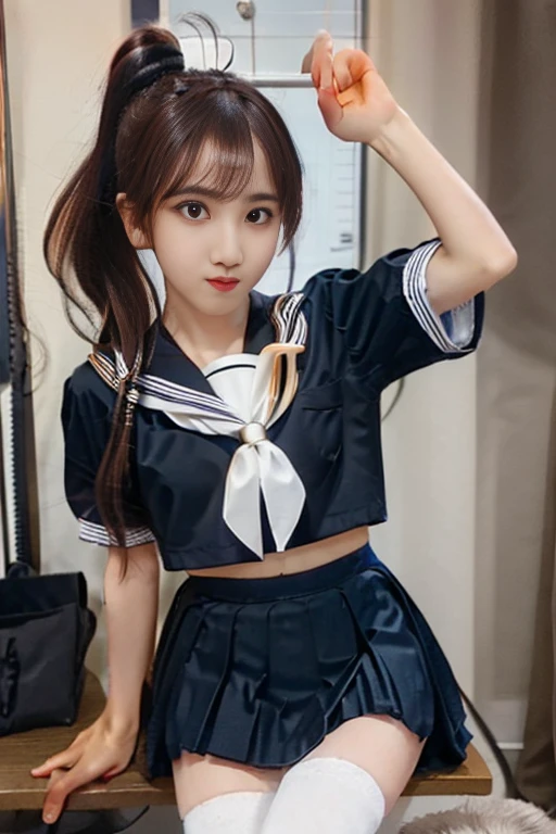 ( anatomically correct),Female high school student in Sapporo  (Short-sleeved sailor uniform,  very short dark blue skirt ,), Big Breasts, Super beautiful breasts, thin,  Thin Waist, (Belly Buttonが見える:0.8), whole body,  Standing Posture, (Beautiful Skin,   growing skin ,  white skin), (Super slim face, Super beautiful face), ( ponytail,  message window ), (double eyelid,  Oblique Eyes), Small Nose, thin唇, thin脚, In front of the school gate、(( natural makeup ))、((Short length、belly button))、( Magazine Model)、(( stockings))、( selfie taken from below with a fisheye lens )、(( very nice、Protruding nipples))、(( showing 3 people sticking out their chest))、(Model pose)、Ass POV, ( multiview), Sparkle Effect,  extreme low angle panty shot and chest shot、 knee-high socks、Sato Kaede 、high-ponytail、Red Hair,  bun hair,  hair fluttering in the wind, Shake your hair,  bun hair, Shot from the bottom of the stairs、turn around、Panty shot、skirt-lift、 Kampala, 最high quality, masterpiece, accurate,  anatomically correct, Damaged, high quality,  textured skin,  ultra-fine,  3D Rendering ,  portrait photography, Reality, Thin face:1.2、 cleavage、(Black tights、 twin tails)、 bun hair、Pompadour、低めの twin tails, ( sit with legs extended)