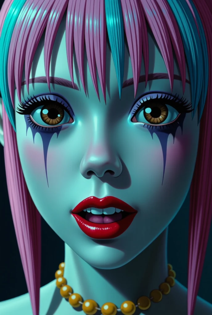 Close-up:
 A beautiful young Korean woman .
 spiked hair, pink and blue, bangs covering the eye.
Striped honey-colored eyes , expressive, deep,  Cintilante, obfuscating, bioluminescentes. 
 Blurry Makeup.
 Porcelain-white skin .
 Full and bulky mouth with bright red lipstick .
 Scary pointy teeth .
 She has an open mouth showing her tongue and teeth.