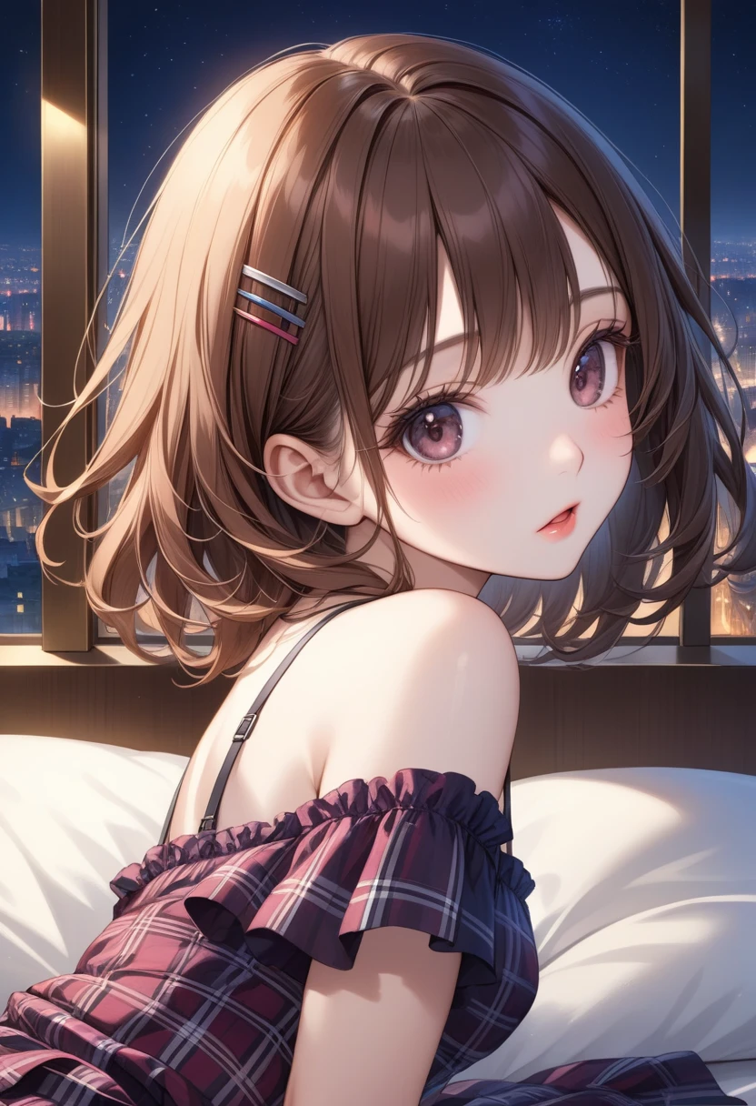 (Ultra-Detailed, Top Quality, High Resolution, Sharp Focus:1.4), (Craftsmanship Hyper-Realistic Photography:1.4), A beautiful 20 year old tiptop woman in an off-shoulder t-shirt, bra straps, plaid flared skirt is sitting on the bed in the hotel room at night, a horny atmosphere, looking at the viewer. She has medium brown hair and a hair clip, smooth pale skin, dark eyes, narrow nose, open mouth, rosy cheeks, shiny lips, small breasts. Her face, body and even the texture of her hair are rendered in extreme detail. Background window with cityscape at night, (intricate background:1.1). Side view.