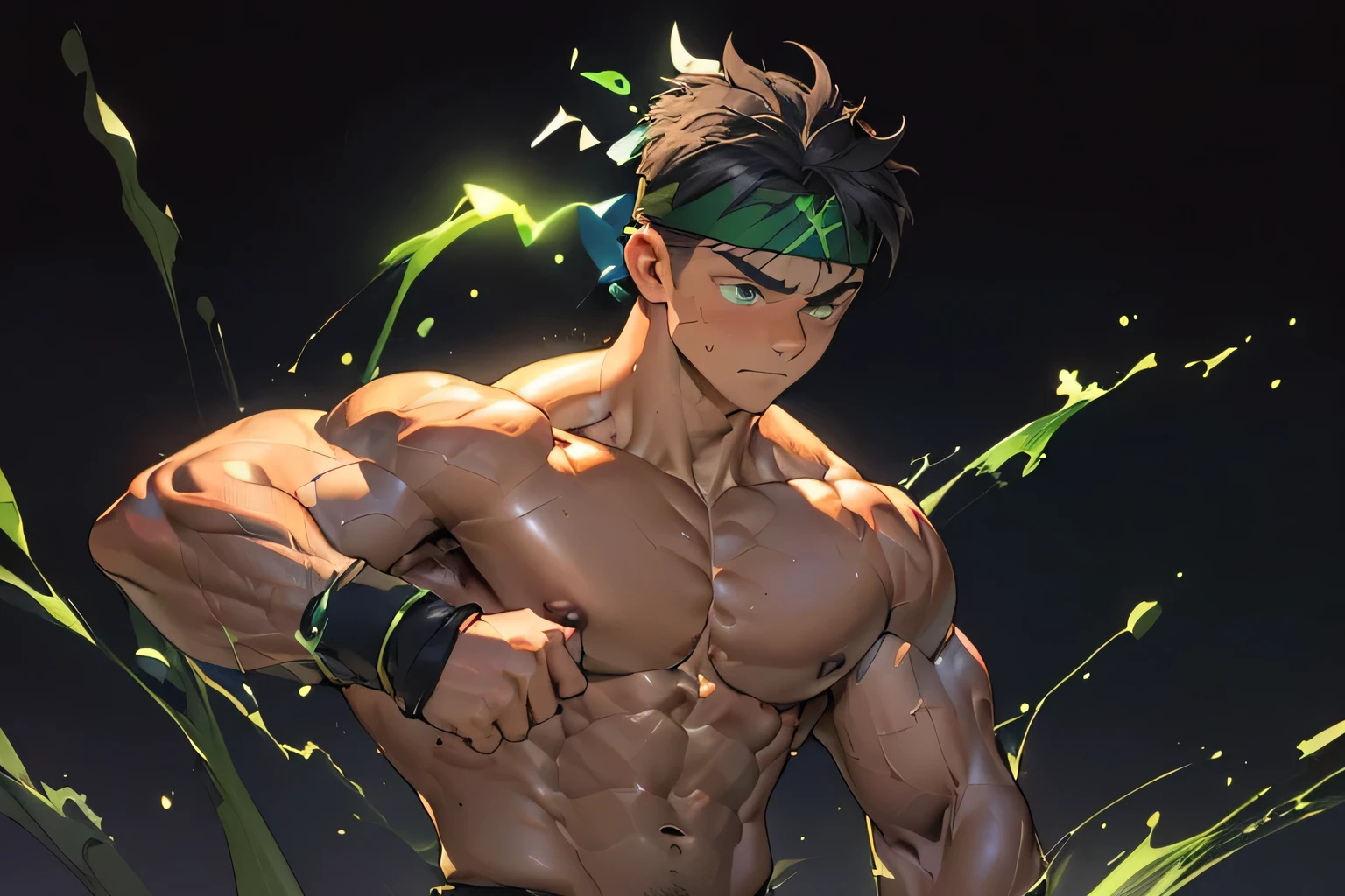 ((masterpiece, best quality, stalwart, (Depth of field:1.2))), (((((black background, deep night, looking away))))), (worm green eyes, Young boy, muscler, Shirtless, topless), ((((1boy, solo, flesh, tough, reliable, developed body)))), (Dark Short straight hair, green eyes, ((almost completely shaved hair)), under cut), (((red headband, black wristband))), Vivid colors, ((big breast, big abs, big shoulder, muscular body, sturdy body, defined round and fleshy pecs, defined round and fleshy ABS, defined round and fleshy armsmuscular, well-defined muscles, toned body, shouldermuscler)), muscler!, muscler body, detailed face, detailed muscle, (((rippling muscles, Flowing energy, wearing wind to emphasize the power of his aura. Highlight his aura, blue and green aura effect, wearing energy stream, holding aura energy, Imposing, Fearless, expressionless, restrained, fighting stance, concentrate, martial arts stance, attack)))