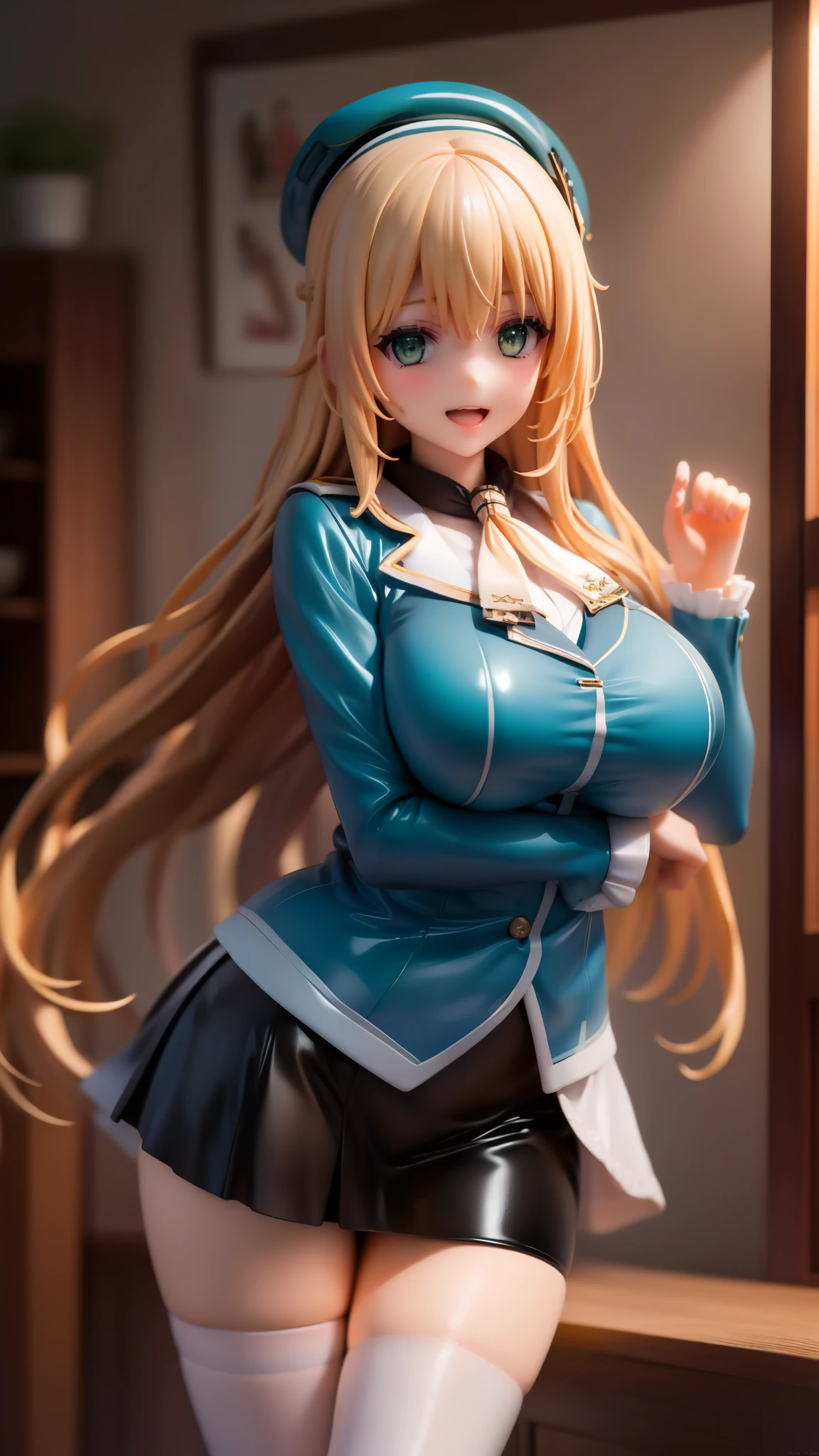 , Looking at Viewer,
blonde hair, very long hair,large breasts, Smile, Open mouth, bsmile,wide hips,long hair,indoor,uniform,AtagoKC, (Atago) uniform,blue beret,black pantyhose,military uniform,blue jacket,ascot,black grove,blue skirt,long skirt,