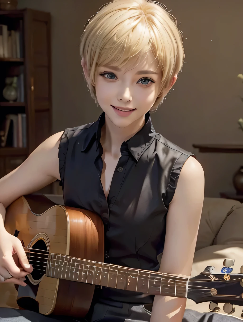 {masterpiece}, (1woman), (pov), (portrait), (face focus), ((looking at viewer)), (big smile), sitting, (playing the guitar), ((living room)), 20years old, ((blonde hair, very short hair, pixie cut)), ((sleeveless black button-up shirt)), ((capri pants)), ((costume focus)), Korean
