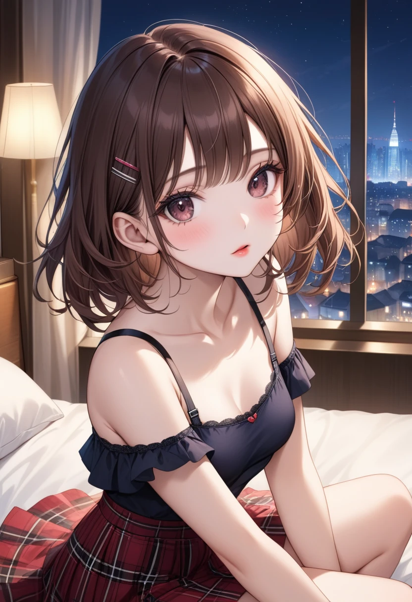 (Ultra-Detailed, Top Quality, High Resolution, Sharp Focus:1.4), (Craftsmanship Hyper-Realistic Photography:1.4), A beautiful 20 year old tiptop woman in an off-shoulder t-shirt, bra straps, plaid flared skirt is sitting on the bed in the hotel room at night, a horny atmosphere, looking at the viewer. She has medium brown hair and a hair clip, smooth pale skin, dark eyes, narrow nose, open mouth, rosy cheeks, shiny lips, small breasts. Her face, body and even the texture of her hair are rendered in extreme detail. Background window with cityscape at night, (intricate background:1.1). Side view.