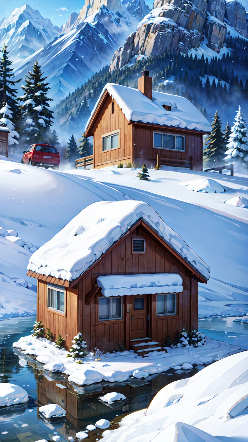  house on a mountain , Rio Grande, snowy rocks ,  sharp focus ,  insanely detailed, 8K. 50mm lens