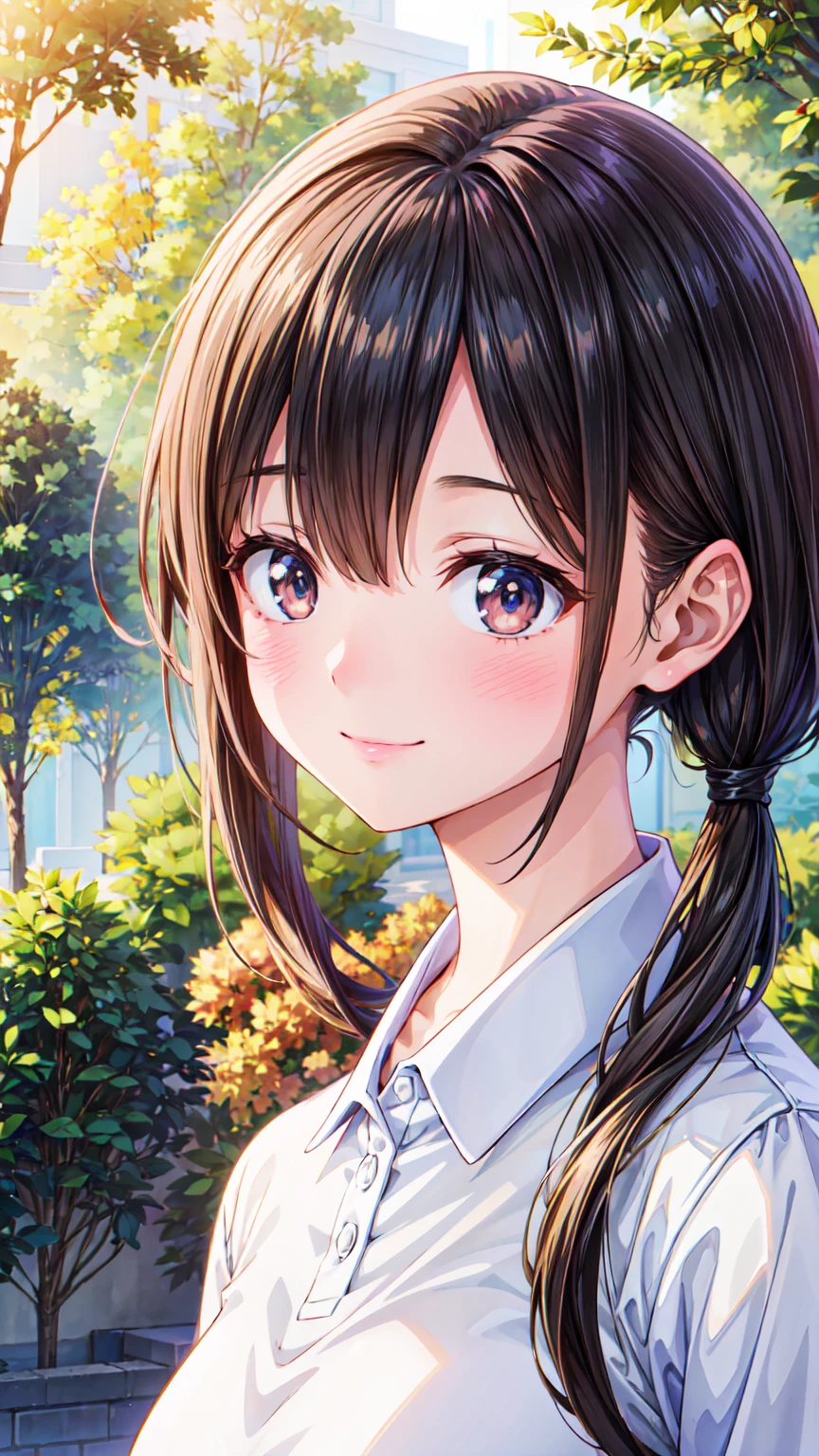 ( masterpiece ), (The best quality), ( super detail ), ( disheveled hair ), (illustration), (1 girl), (interview), (Brief description),  beautiful, detailed eyes ,  Delicate beautiful face  , floating, (high saturation), (Shine), focus on the face,  black hair, blows, Full smile, floating Hair. girl, maiden in love, illustration de pixiv, top quality, super detailed, smile, intelligent, hermoso rostro, 4k, Naturaleza,  sunlight through the trees,