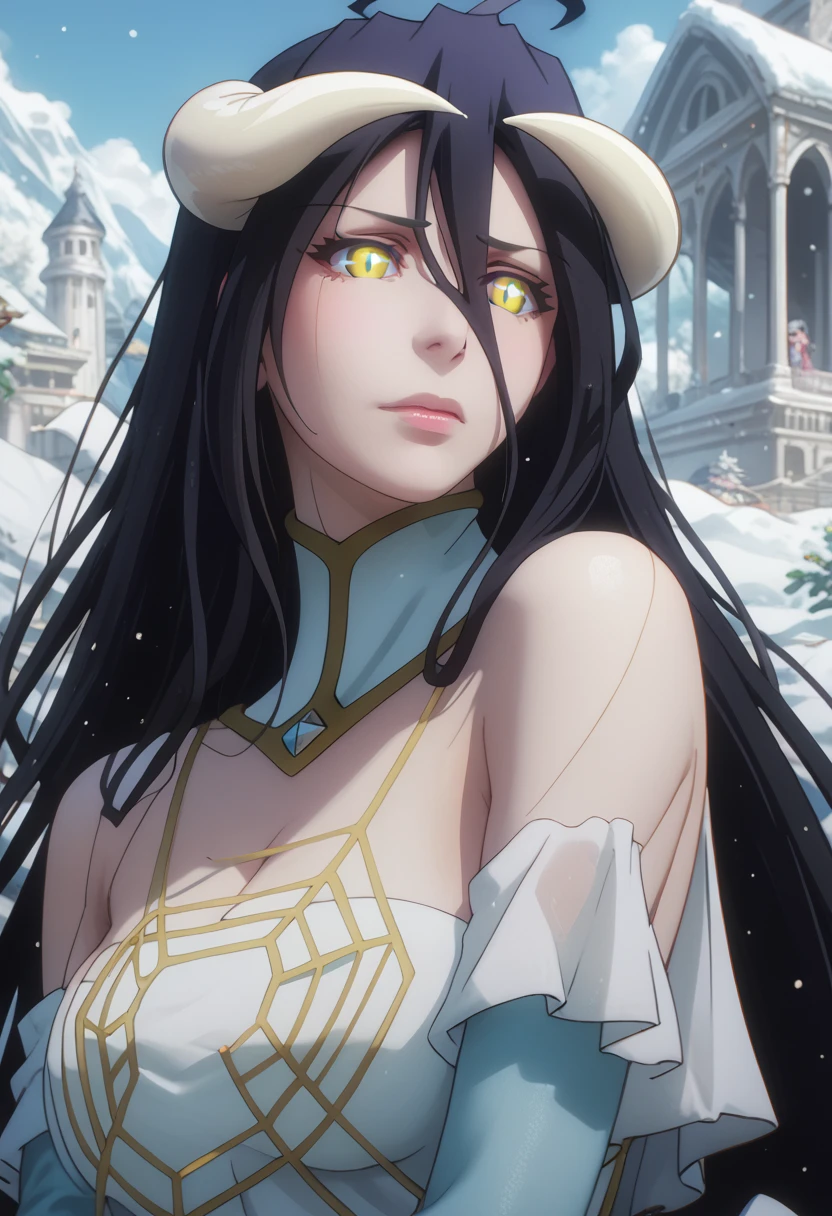 1 girl,albedo,  long hair,  black hair, Horns, demon girl, Horns de demonio, albedo,  hair between the eyes ,  yellow-eyed ,  Cleft pupils,  anime coloring , in blue leggings , in a beautiful snowy landscape...