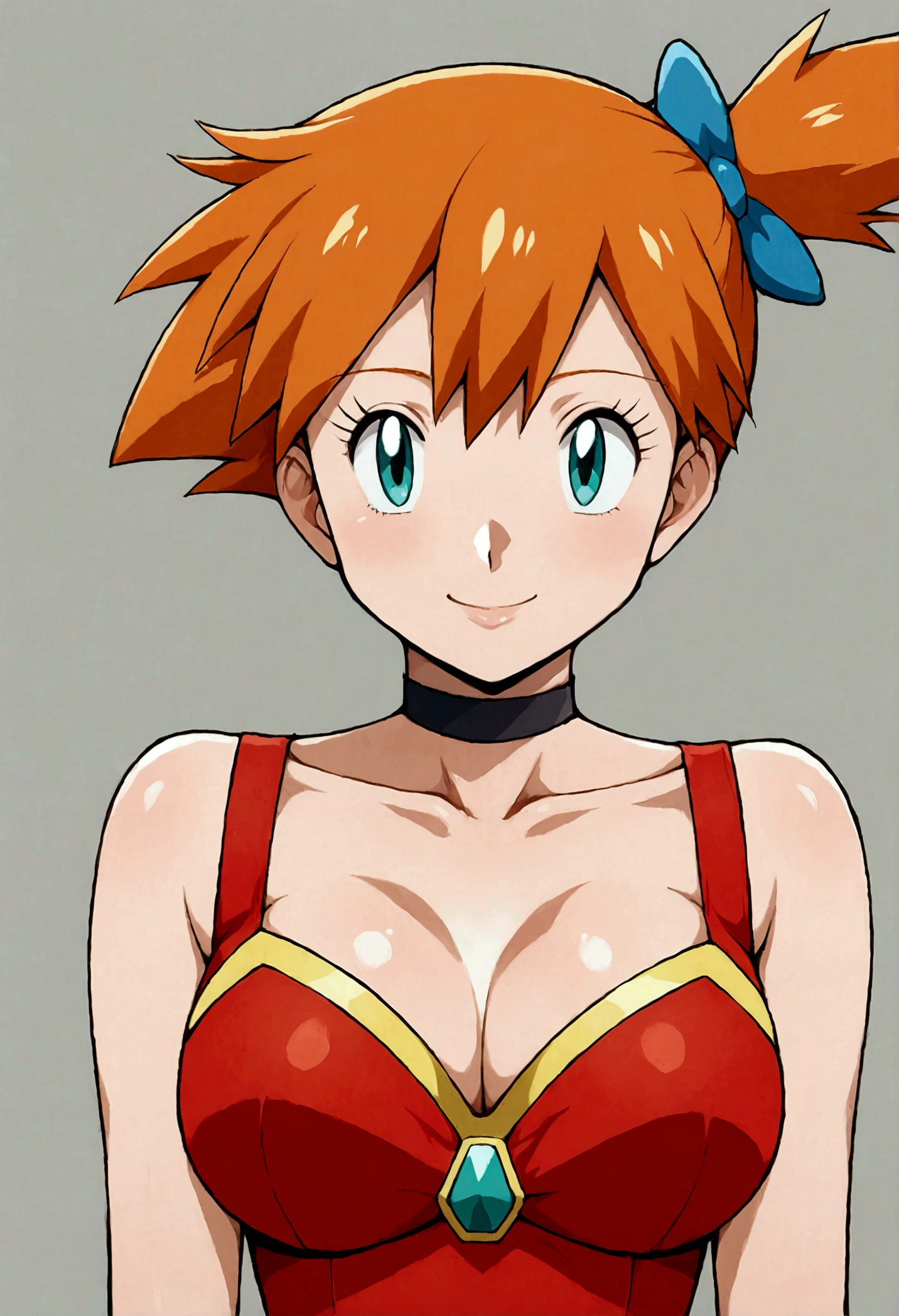 masterpiece, best quality, 1girl,misty \(pokemon\), short hair, orange hair, aqua eyes, eyelashes, black choker, hair bow, dress, collarbone, large breasts, upper body, smile, looking at viewer, solo, simple background