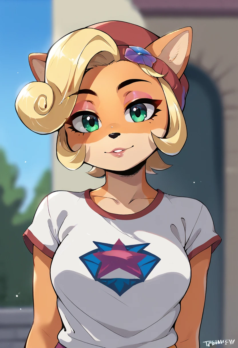 eigeen, score 9, score 7 up, 1girl, solo, furry female, blonde hair, red beanie, looking at viewer, head tilt, shirt, portrait, depth of field, short hair, tomboy, coco bandicoot