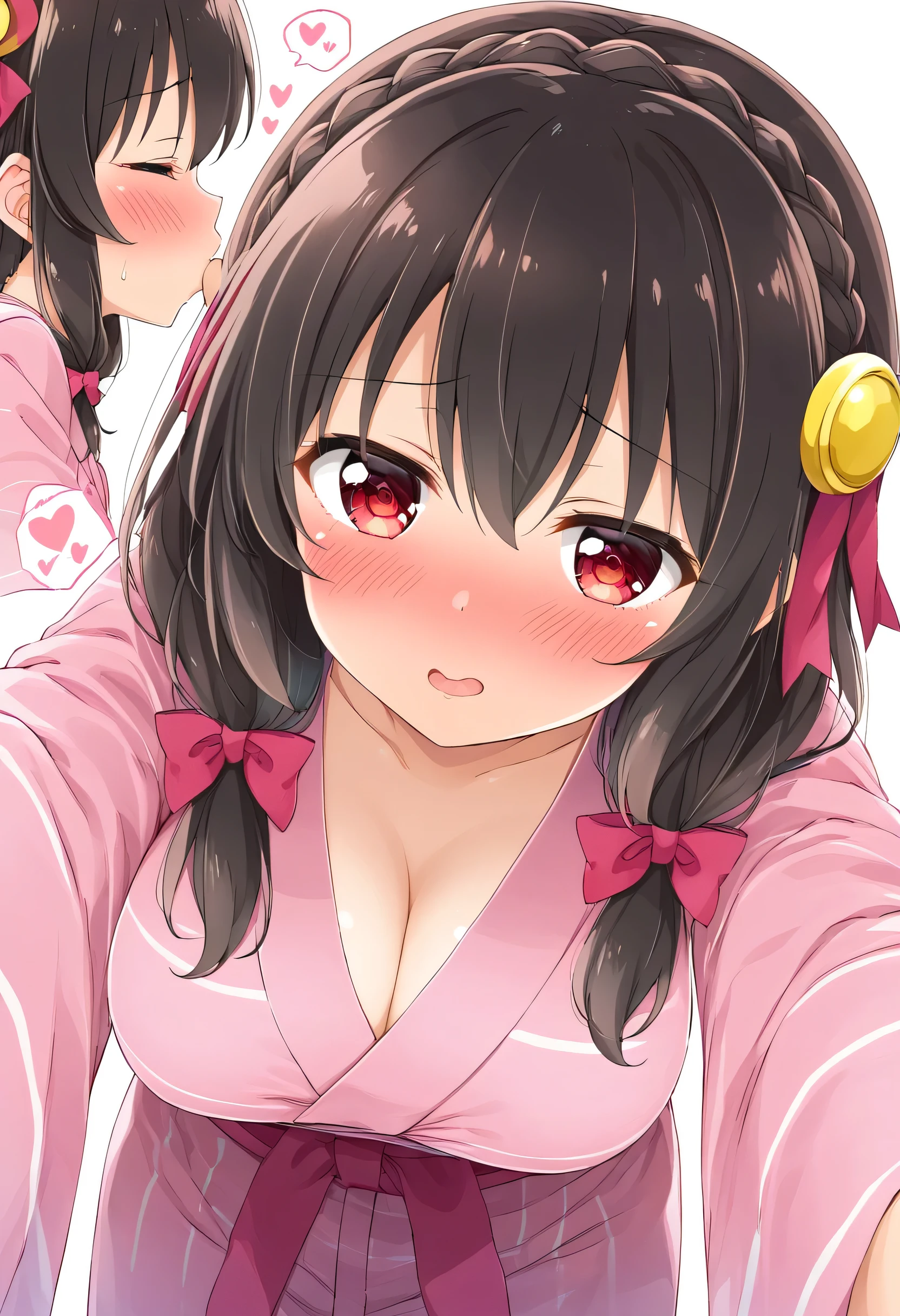 yunyun、masterpiece,Best Quality,  Kampala,One person, Yunyun、 crown braid the same color as my hair, Black Hair、Red eyes、 Hair Accessory,  Hair Ribbon , Pink Yukata, (四つん這い:1.4)、(She has big breasts)、( Close Your Eyes )、(blush:1.3)、indoor、♥、heart、( Close Your Eyes and Kiss the Viewer:1.2)、(四つん這い:1.6)、(Leaning forward)、View the viewer、 viewed from below