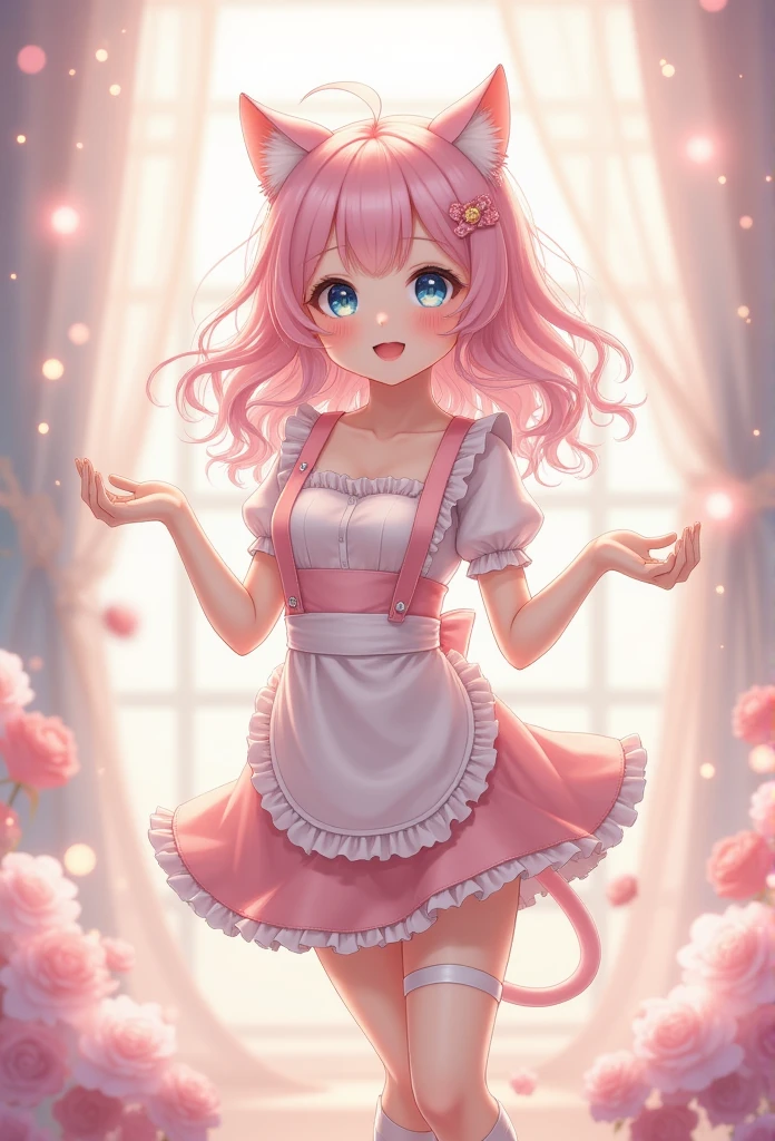 1 Girl\(:d, > <,Blue Eyeshadow,Lovely,full, Long hair, light pink hair,curls,Hair fluttering,  pale skin ,Pink Cheeks, Pink Lips,Bangs, Cat ears, skirt\(Short,Light pink, Lolita Fashion, Open cleavage\),White apron,breast,  blurry foreground , blush, Bokeh, With eyes closed,  Depth of Field ,  Smile, Open your mouth, High target, , dynamic posture, Cheerful posture ,whole body,Lovely hairpins, Pink Lips,white suspenders over the knee socks\), Soft tones, background \(Dreams, Soft tones,Many lights\),