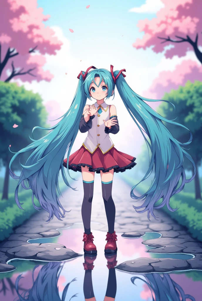 (masterpiece、Best Quality、Best Quality、Official Art、Beautiful and beautiful:1.2)、(One person:1.3) Hatsune Miku、 twin tails,Beautiful breasts,、 after rain、 look up at the sky、Red boots 、 red skirt 、Short-sleeved shirt、 carry the backpack、 figure reflected in a puddle 、 delicate illustration 、 pastel color、 anime illustration,Takamichi style