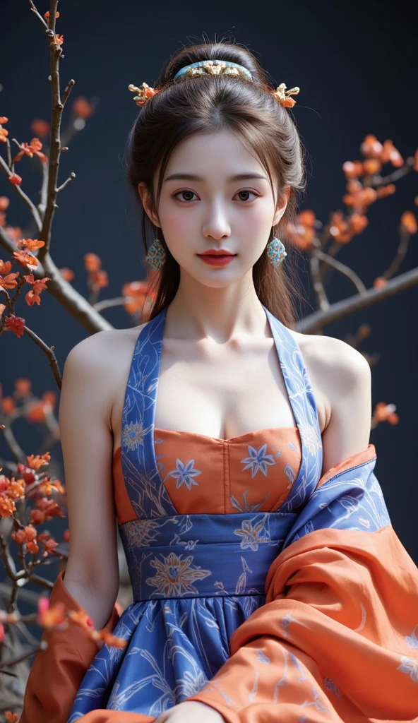  an elegant beautiful painted young woman with smooth glowing white skin decked out in traditional dress, possibly of East Asian origin .  The individual is wearing an intricate patterned and brightly colored garment ,  mainly features shades of blue and orange .  Their hair is styled in elegant flowing hairstyles ,  complemented by what appears to be a hat or crown ,  which adds to the regal look .  The background consists of stylized branches with orange-red flowers ,  that can evoke a scenery inspired by nature or folklore .  The overall composition of the image for see it may be related to cultural heritage ,  fashion or art that celebrates historical clothing styles .