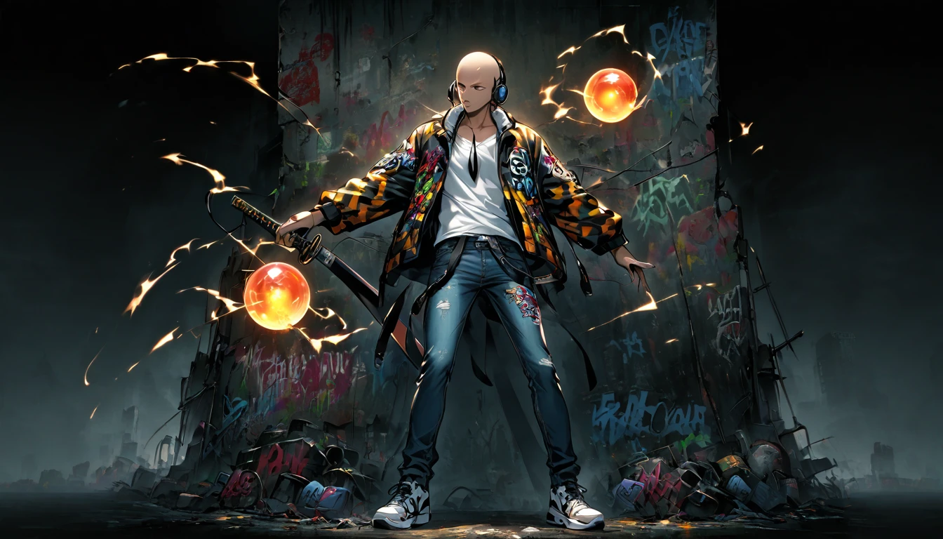 boy, bald, Small neck, white collar , black tie,  jeans, Shirt off the pants , Grafitti jacket, white sneakers, standing, Headset around the neck, 1,69 tall. normal body, holding a katana with the right hand and a floating energy orb in the left hand.