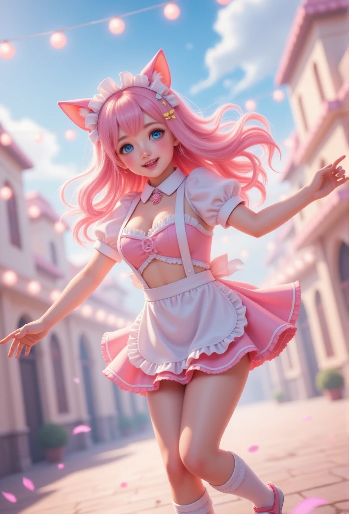 1 Girl\(:d, > <,Blue Eyeshadow,Lovely,full, Long hair, light pink hair,curls,Hair fluttering,  pale skin ,Pink Cheeks, Pink Lips,Bangs, Cat ears, skirt\(Short,Light pink, Lolita Fashion, Open cleavage\),White apron,breast,  blurry foreground , blush, Bokeh, With eyes closed,  Depth of Field ,  Smile, Open your mouth, High target, , dynamic posture, Cheerful posture ,whole body,Lovely hairpins, Pink Lips,white suspenders over the knee socks\), Soft tones, background \(Dreams, Soft tones,Many lights\),Realism