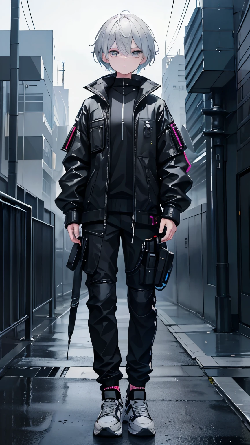 Ross 154 　Seems a bit messy　pants　tickware　Black and 1 vivid color　 is designed to combine elements of techwear and cyberpunk 。　Dress casually　Contrast　 wolfcut　sneakers　male　Silver Hair　 gray eyes　whole body　front　Character portrait　Standing still　front　whole body　　Character portrait　whole body　total body　whole body　Character portrait　whole body　Character portrait　people　male　front　Background white　front　7 heads