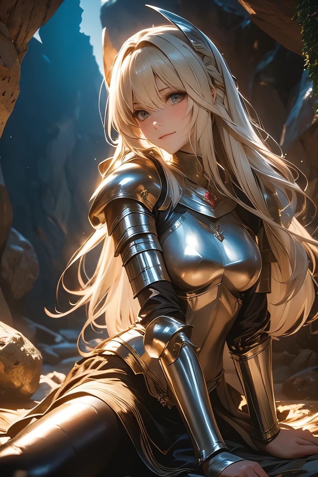 （（（ＳＦＷ、Highest quality、 first class、masterpiece、Normal body、8k、Detailed face、Ultra-precision、Normal hand、Normal finger、Masterpiece）））、The female knight who was caught off guard in the depths of a dark cave 、With her armor damaged in tatters and her silk ultra-thin underwear exposed, she collapsed like she was leaning against a rock wall in the back of the cave, sitting down and trying to accept Todome while smiling wryly