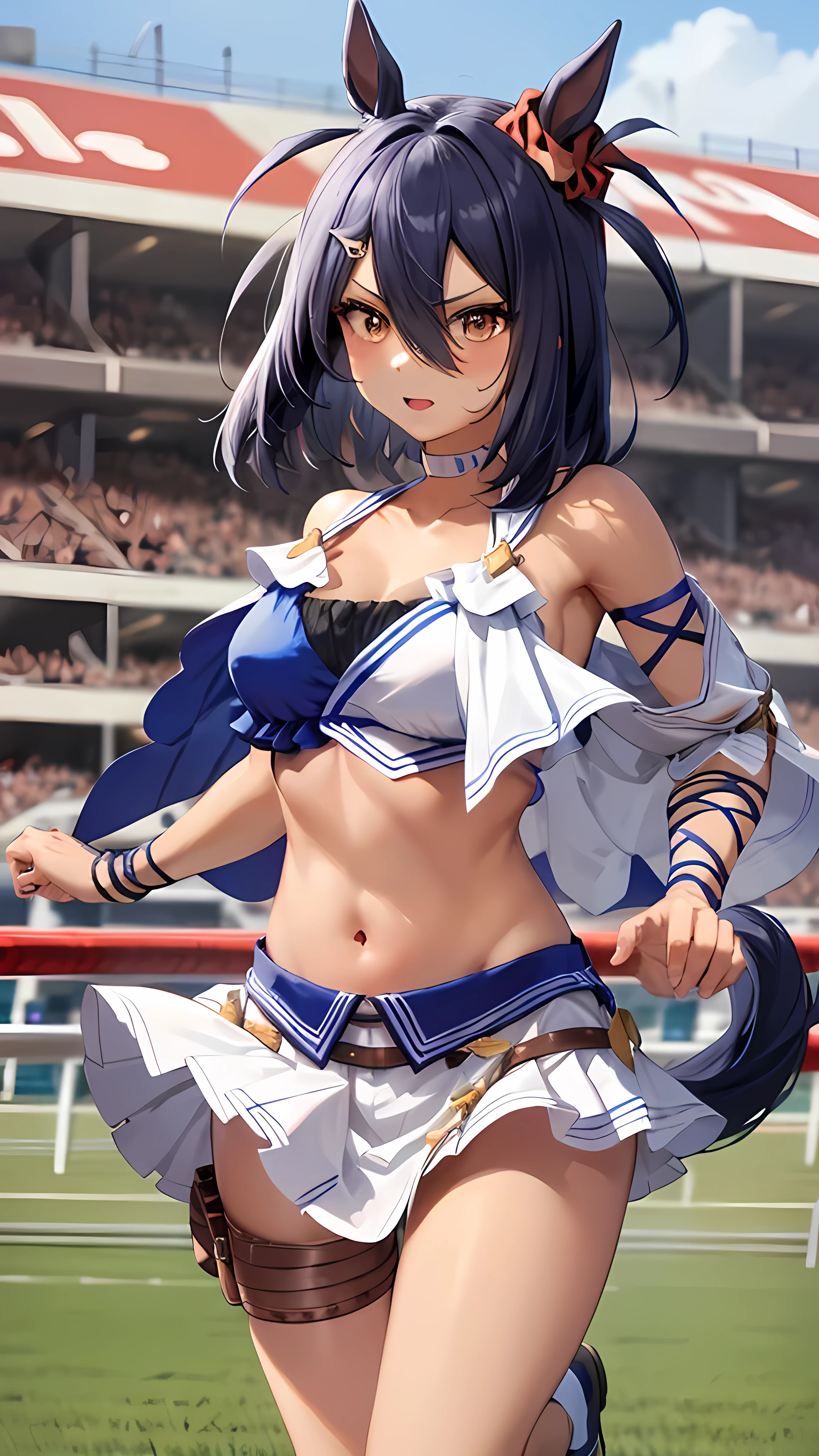  best quality ,  super high image quality ,   highest resolution ,  very detailed ,  very detailed な顔, One Girl, hishi amazon \(Horse Girl\), ,  crop top , Bandeau, White Choker, Single sleeve , Arm ribbon,  pleated skirt,  Thigh Straps ,  medium shot ,  running at full speed, Sprinter, Horse Racing