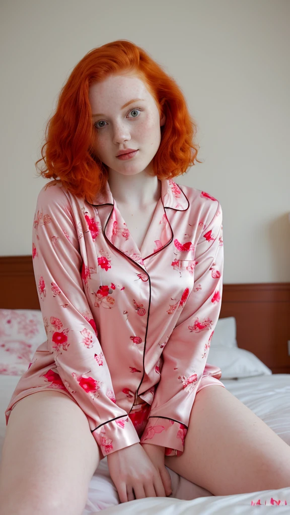  There is a woman sitting on a bed wearing pink floral pajamas., Redhead girl, beautiful Redhead woman, Redhead woman, young Redhead girl, short bright red hair, red hair and attractive features ,  Anna Nikonova aka newmilky , Redhead girl, redhead, beautiful woman, posing in bed, red head, with short red hair, posing in a room