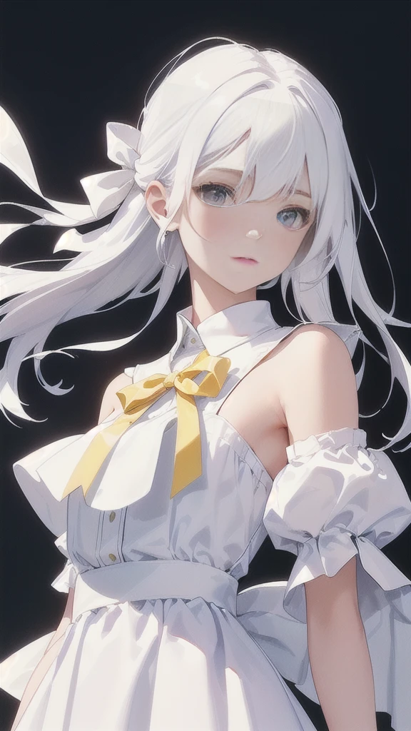 White haired teen wearing an all white dress.   She has a yellow ribbon holding up her hair 