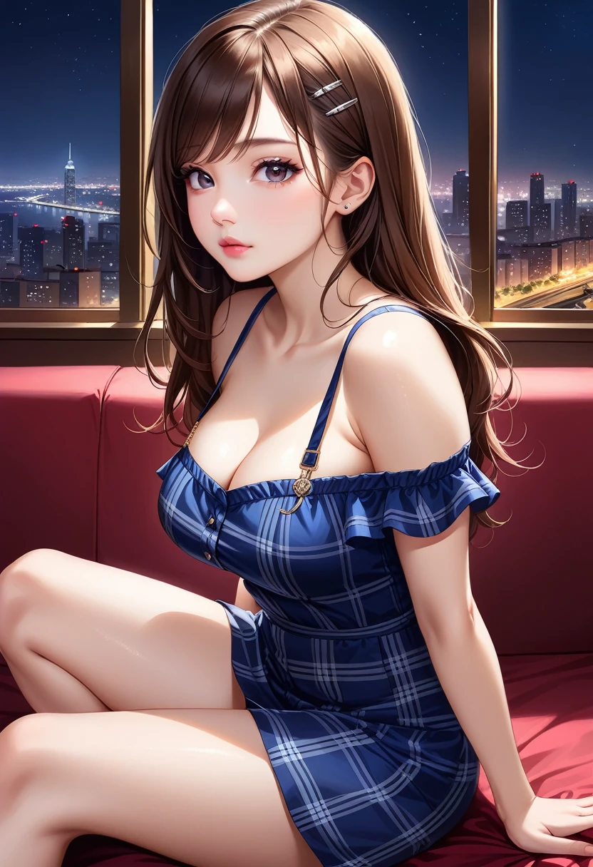 (Ultra-Detailed, Top Quality, High Resolution, Sharp Focus:1.4), (Craftsmanship Hyper-Realistic Photography:1.4), A beautiful 20 year old tiptop woman in an off-shoulder t-shirt, bra straps, plaid flared skirt is sitting on the bed in the hotel room at night, a horny atmosphere, looking at the viewer. She has medium brown hair and a hair clip, smooth pale skin, dark eyes, narrow nose, open mouth, rosy cheeks, shiny lips, medium sized breasts. Her face, body and even the texture of her hair are rendered in extreme detail. Background window with cityscape at night, (intricate background:1.1). Side view.